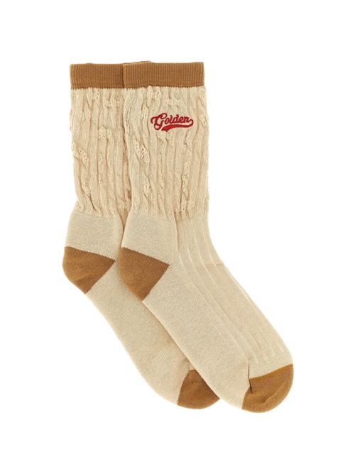 Calzini beige a coste con dettagli marroni e logo ricamato rosso Golden Goose | GUP02372.P002206.16102BEIGE/MOCHA MOUSSE/SCARLET